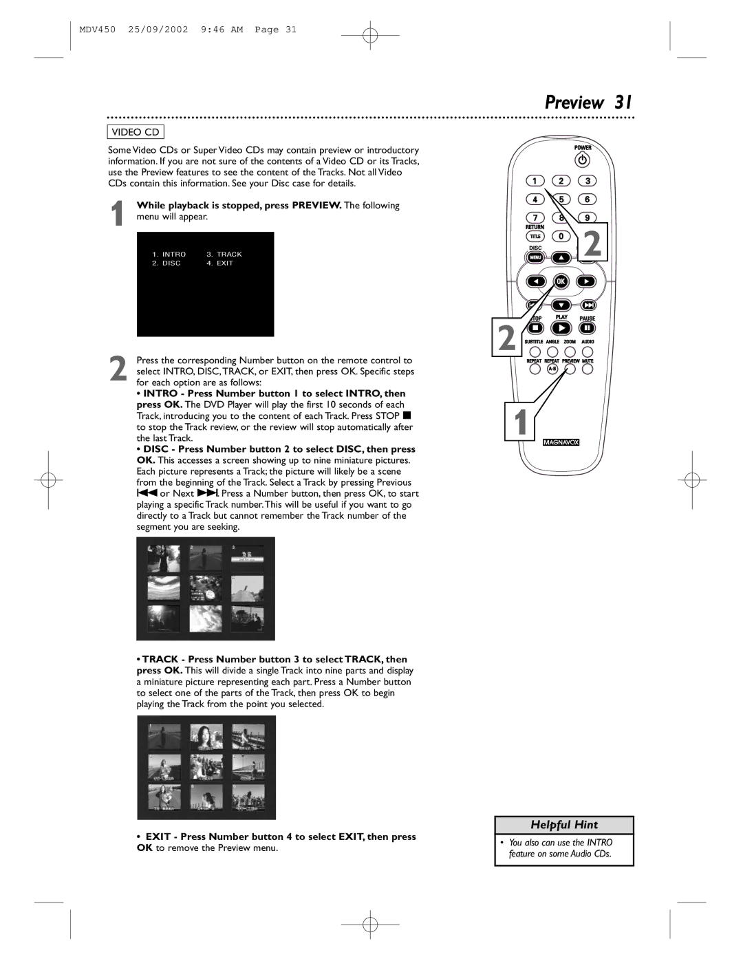 Philips MDV450 owner manual Preview, Intro Press Number button 1 to select INTRO, then 