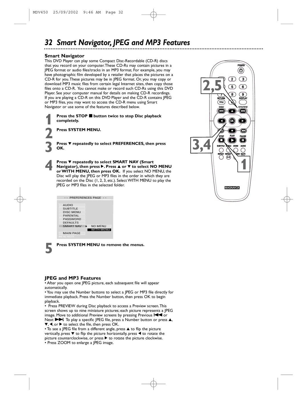 Philips MDV450 owner manual Smart Navigator, Jpeg and MP3 Features, Press Zoom to enlarge a Jpeg image 