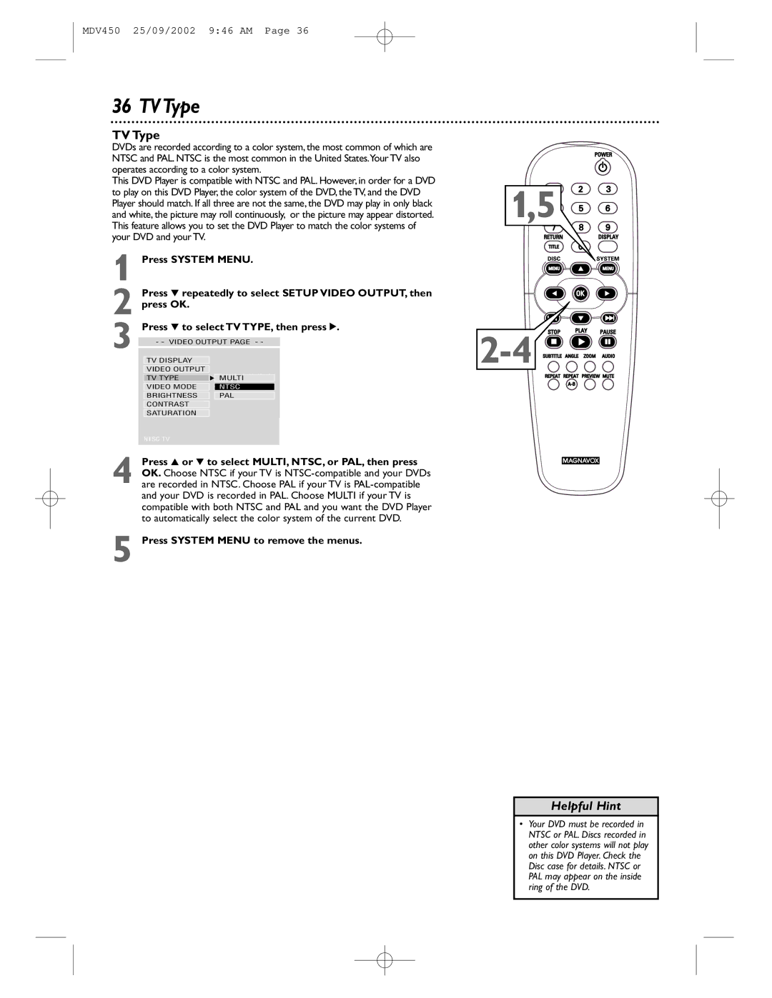 Philips MDV450 owner manual TVType, TV Type 