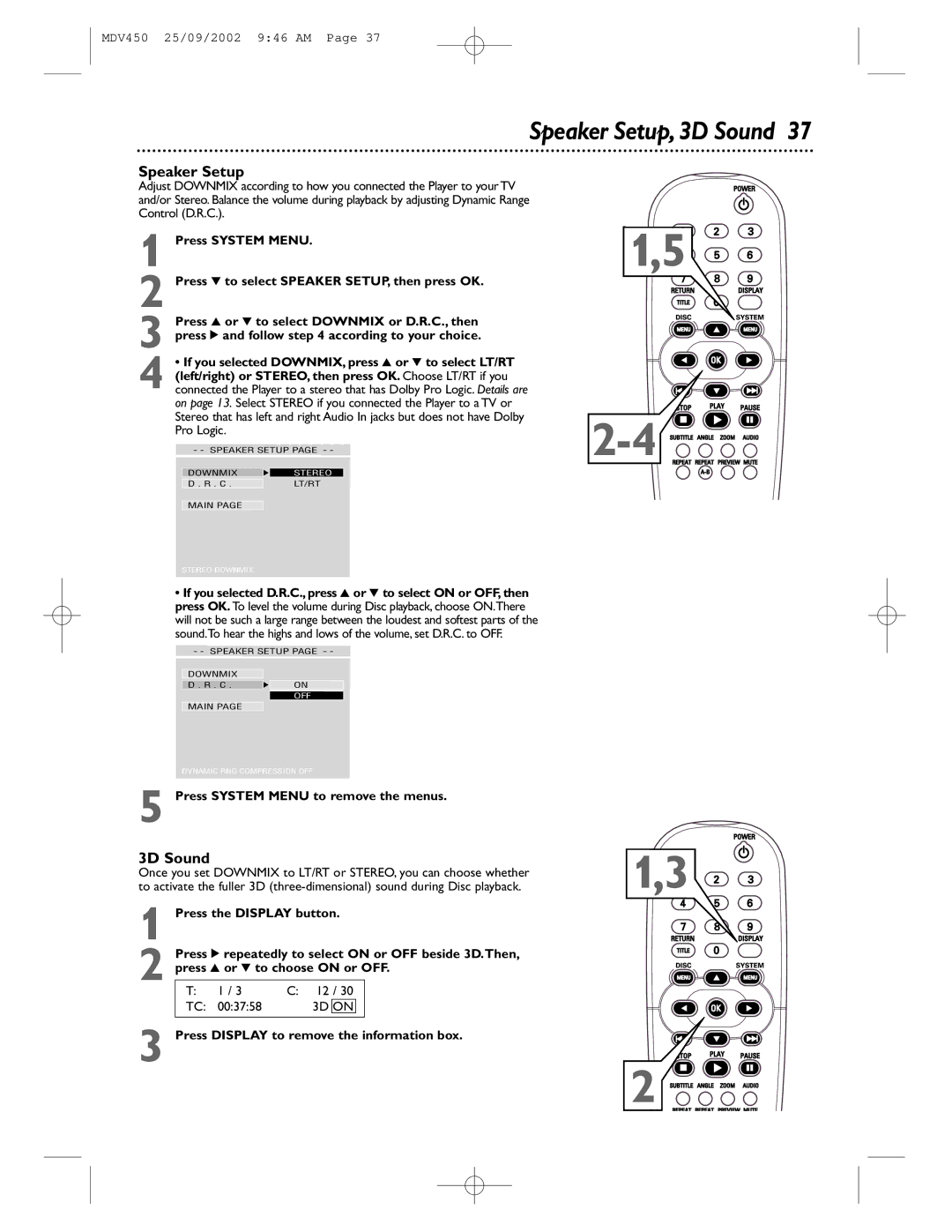 Philips MDV450 owner manual Speaker Setup, 3D Sound 