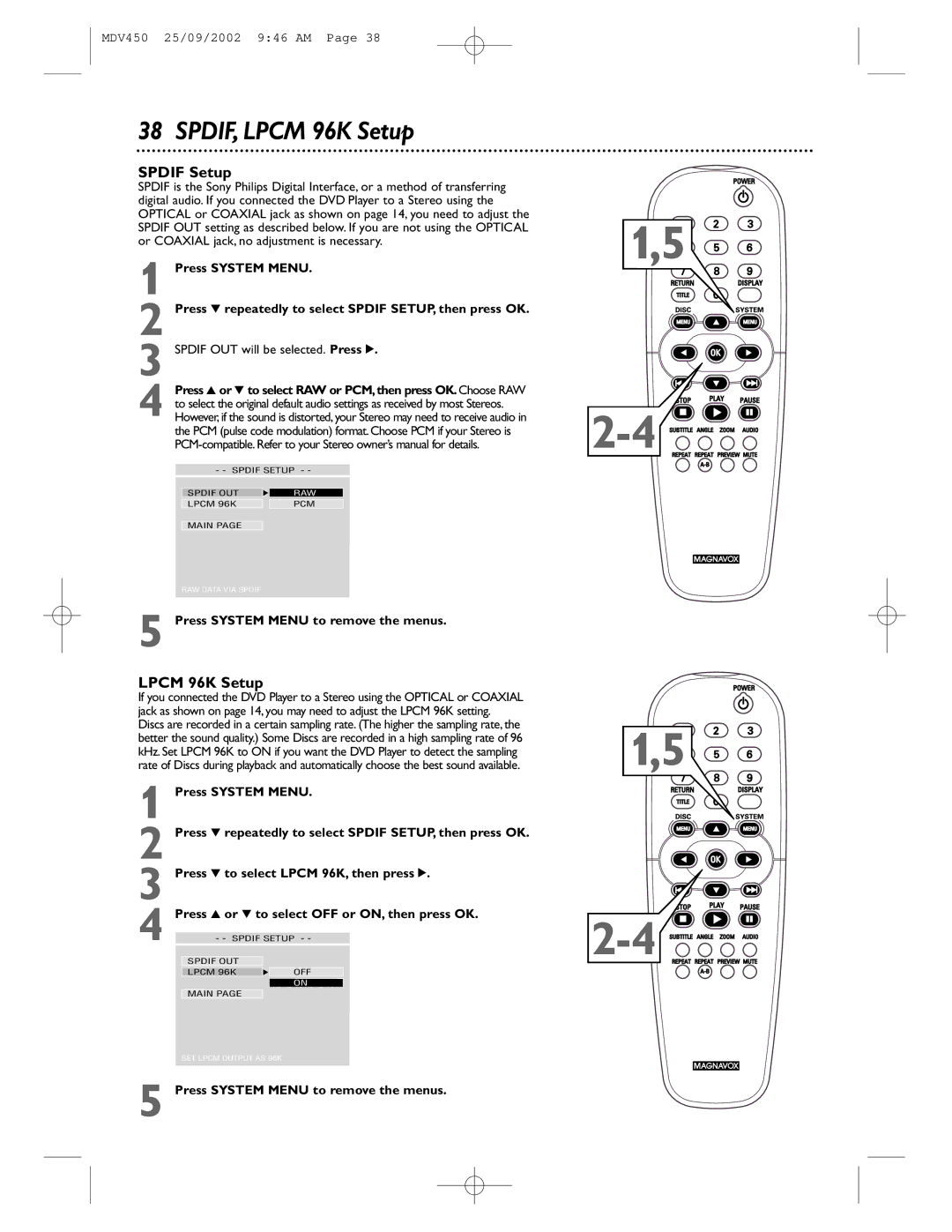 Philips MDV450 owner manual SPDIF, Lpcm 96K Setup, Spdif Setup, Spdif OUT will be selected. Press 