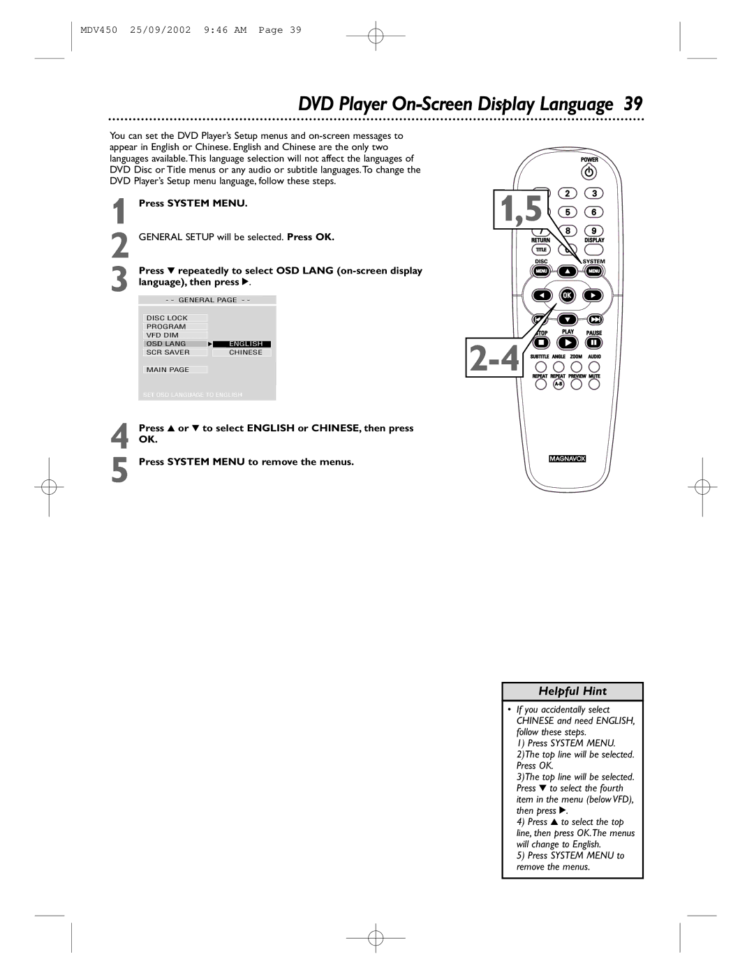 Philips MDV450 owner manual DVD Player On-Screen Display Language, Language, then press 