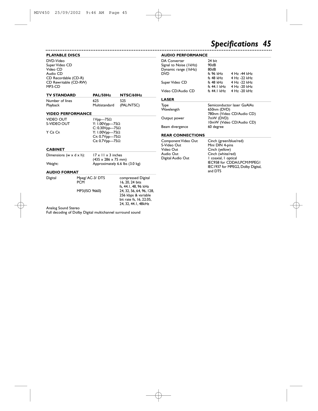 Philips MDV450 owner manual Specifications, Video Performance 