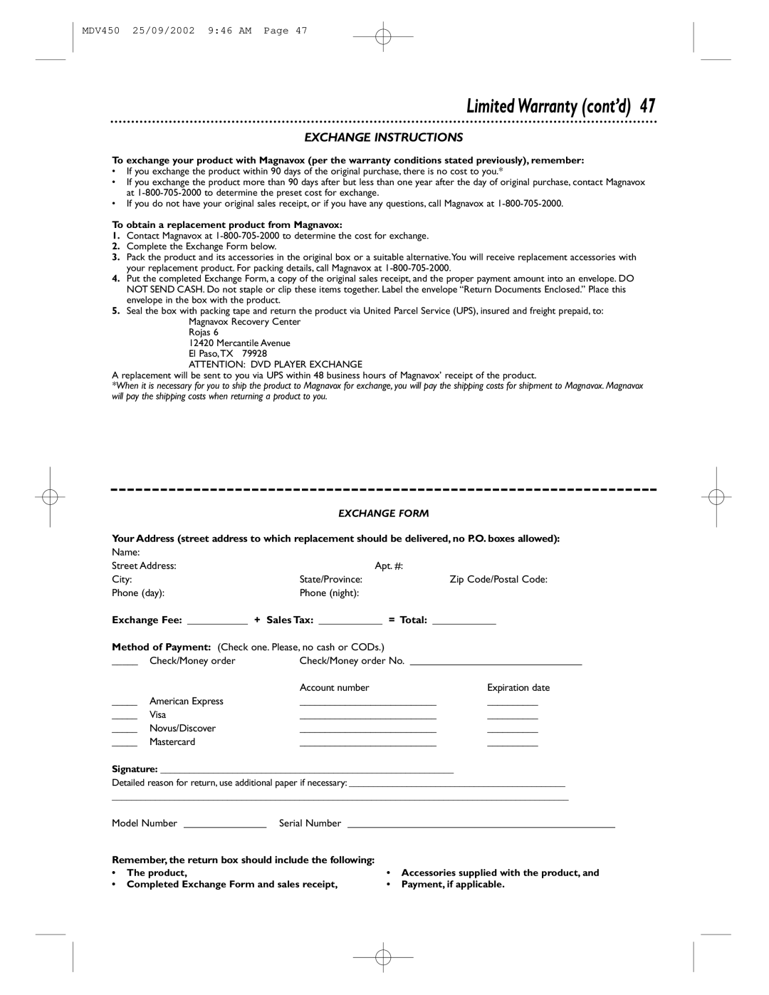 Philips MDV450 Limited Warranty cont’d, To obtain a replacement product from Magnavox, Exchange Fee + Sales Tax = Total 