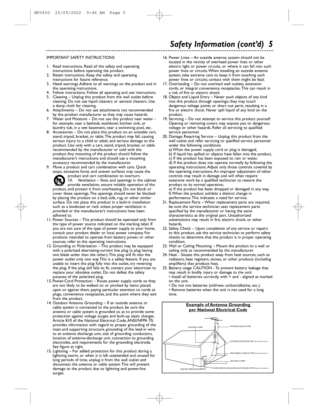 Philips MDV450 owner manual Safety Information cont’d, Important Safety Instructions 