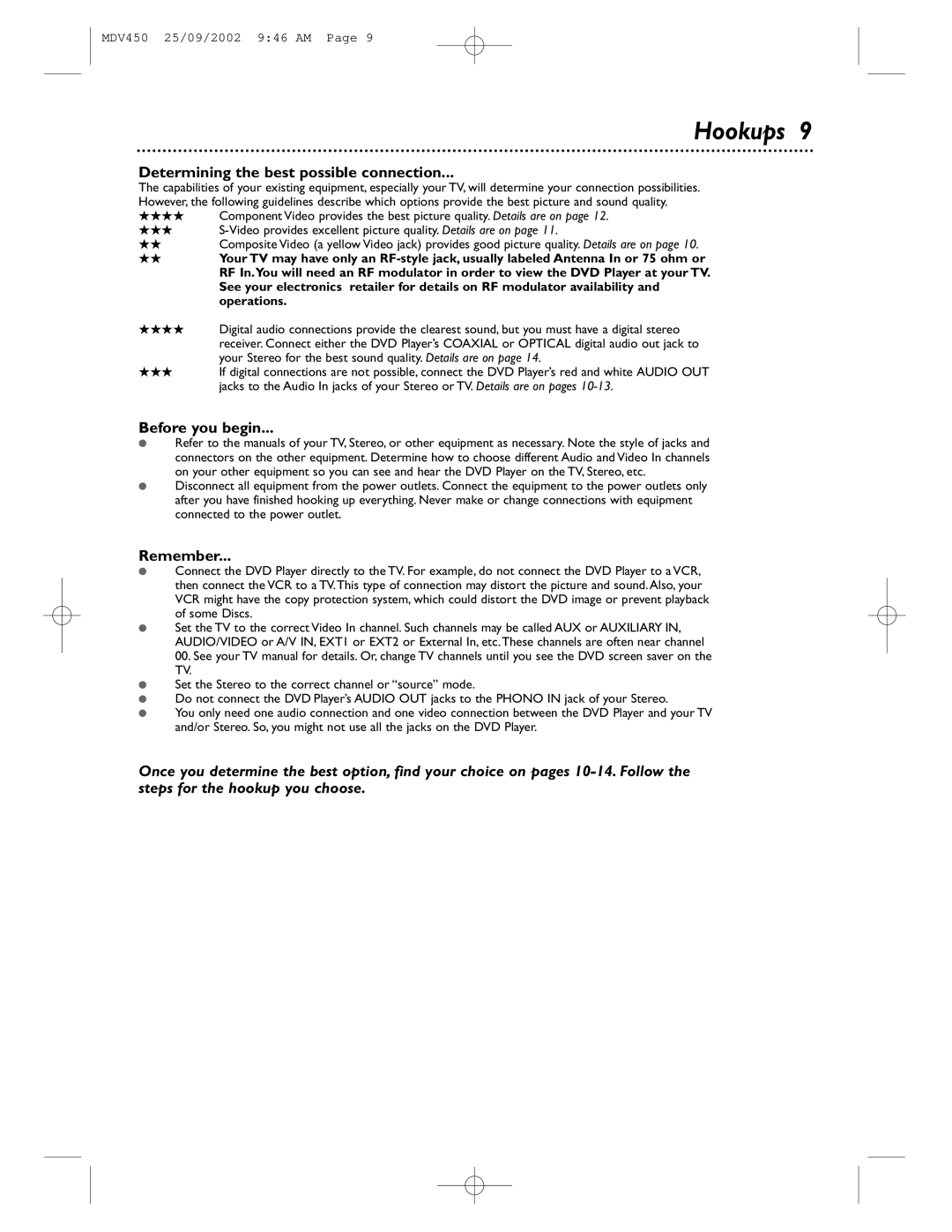 Philips MDV450 owner manual Hookups, Determining the best possible connection, Before you begin, Remember 