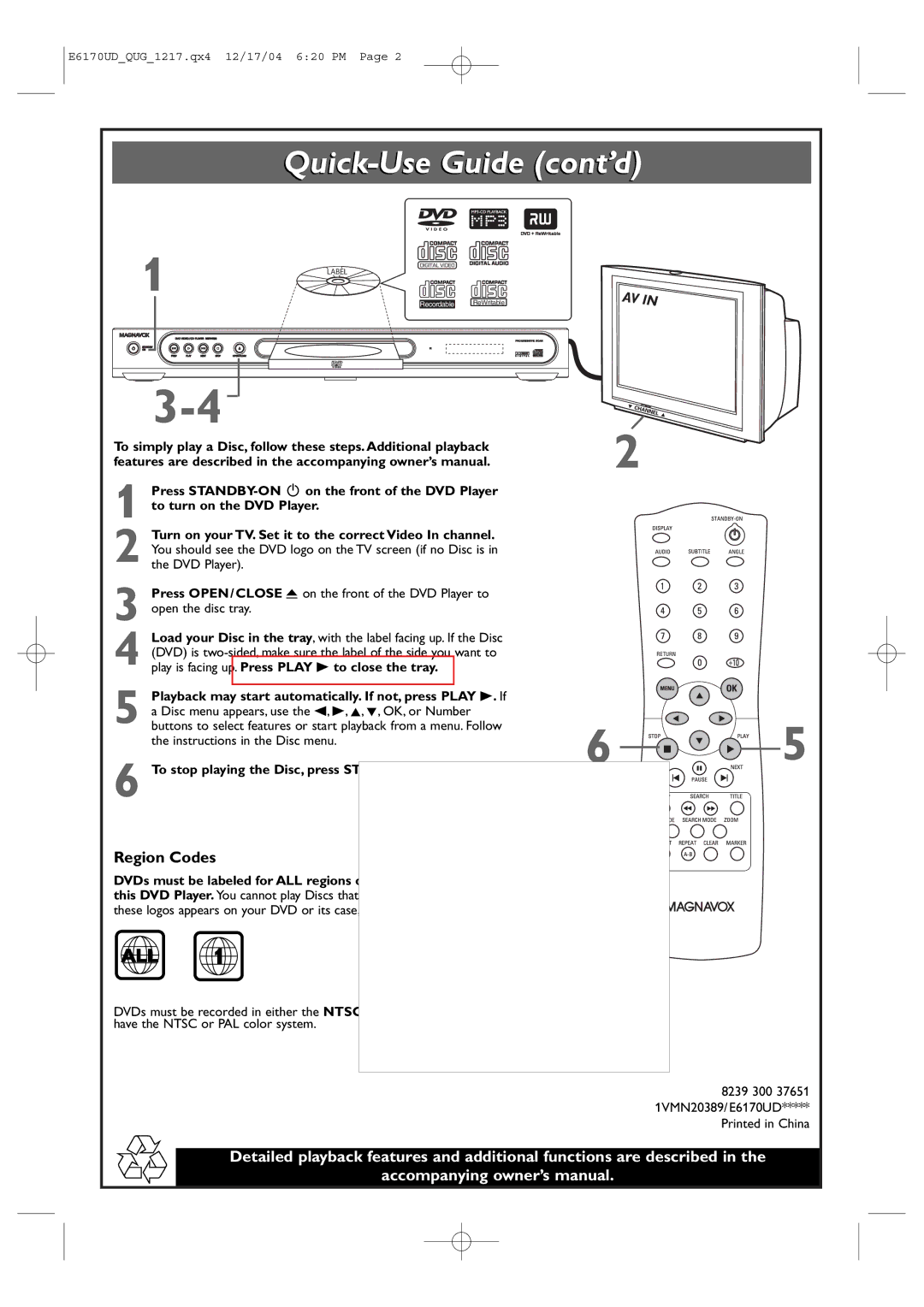 Philips MDV456 owner manual Quick-Use Guide cont’d, All, Region Codes 