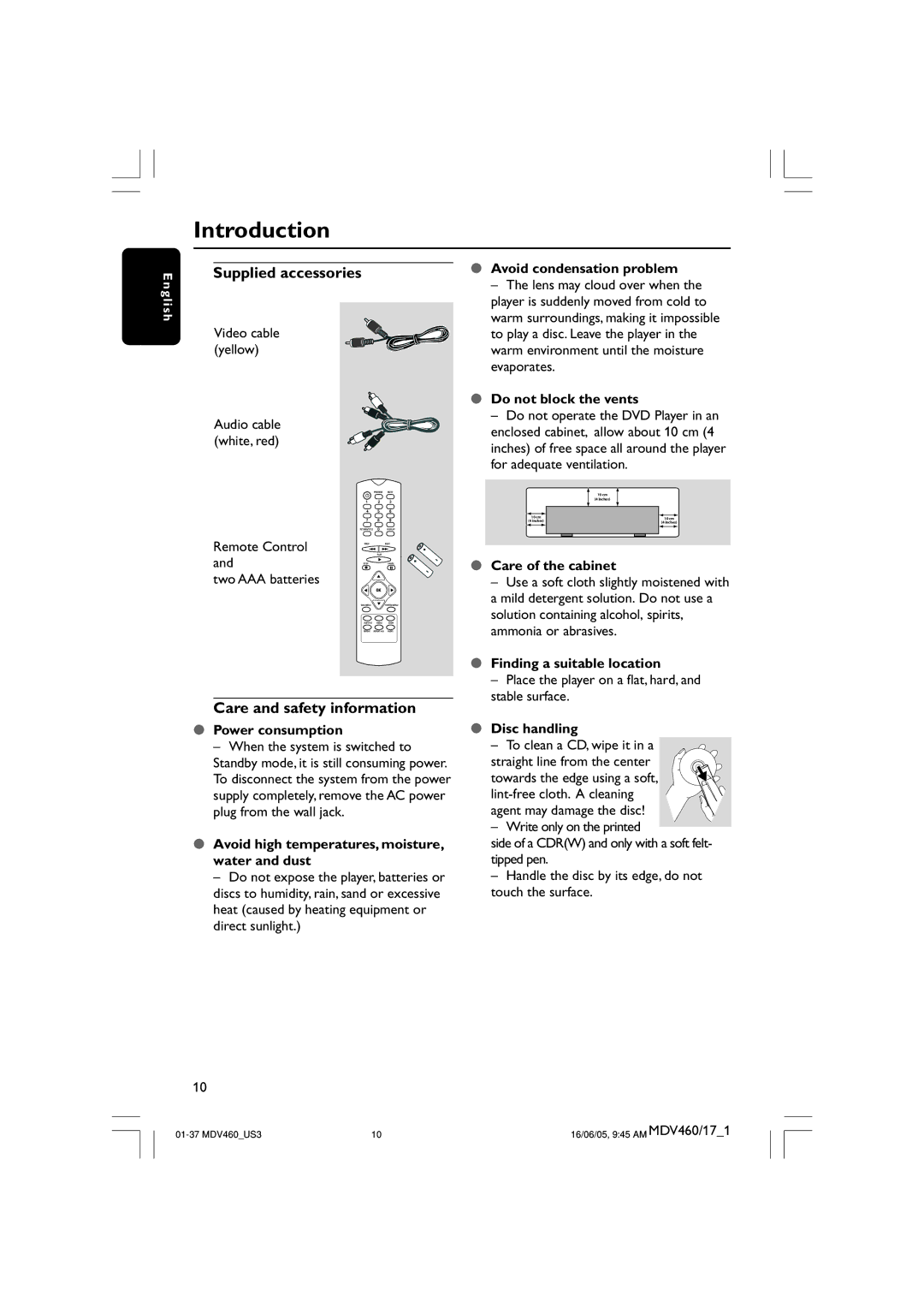 Philips MDV460 user manual Introduction, Supplied accessories, Care and safety information 