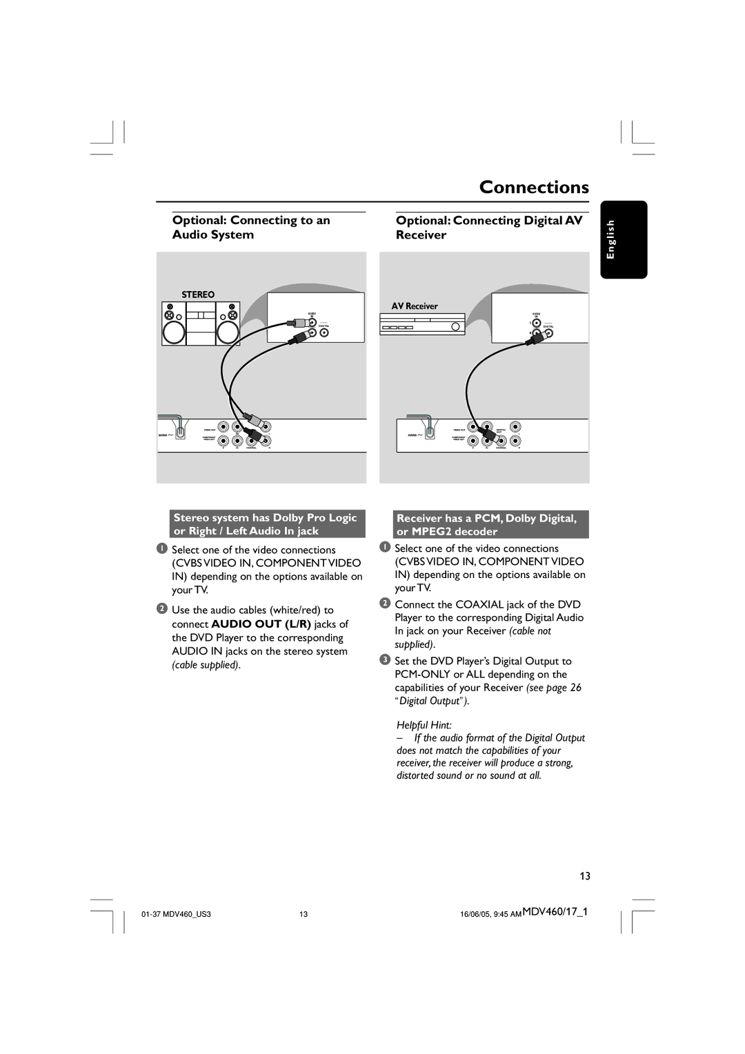 Philips MDV460 user manual Receiver has a PCM, Dolby Digital, or MPEG2 decoder, Helpful Hint 