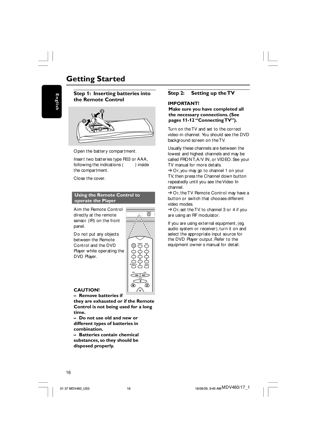 Philips MDV460 user manual Getting Started, Setting up the TV, Using the Remote Control to operate the Player 