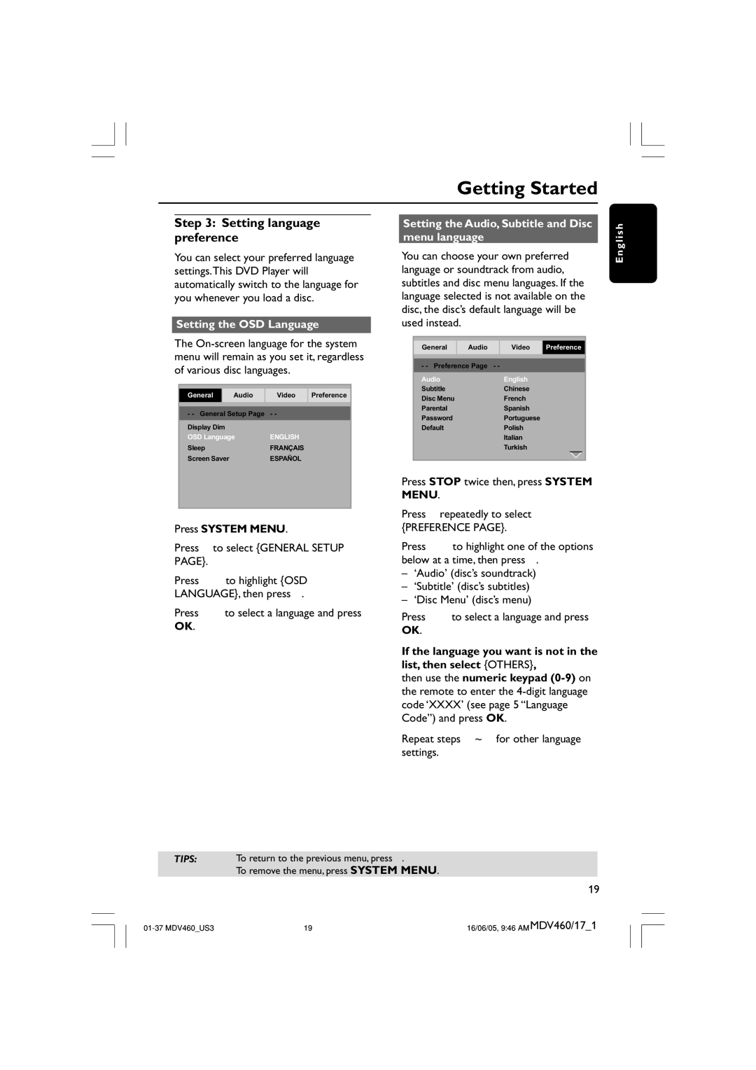 Philips MDV460 Setting language preference, Setting the OSD Language, Setting the Audio, Subtitle and Disc menu language 