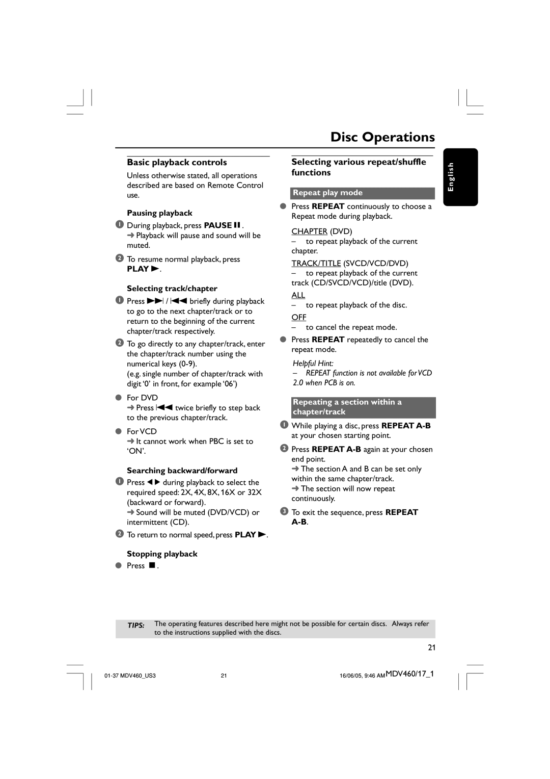 Philips MDV460 user manual Basic playback controls, Selecting various repeat/shuffle functions, Play B, Repeat play mode 