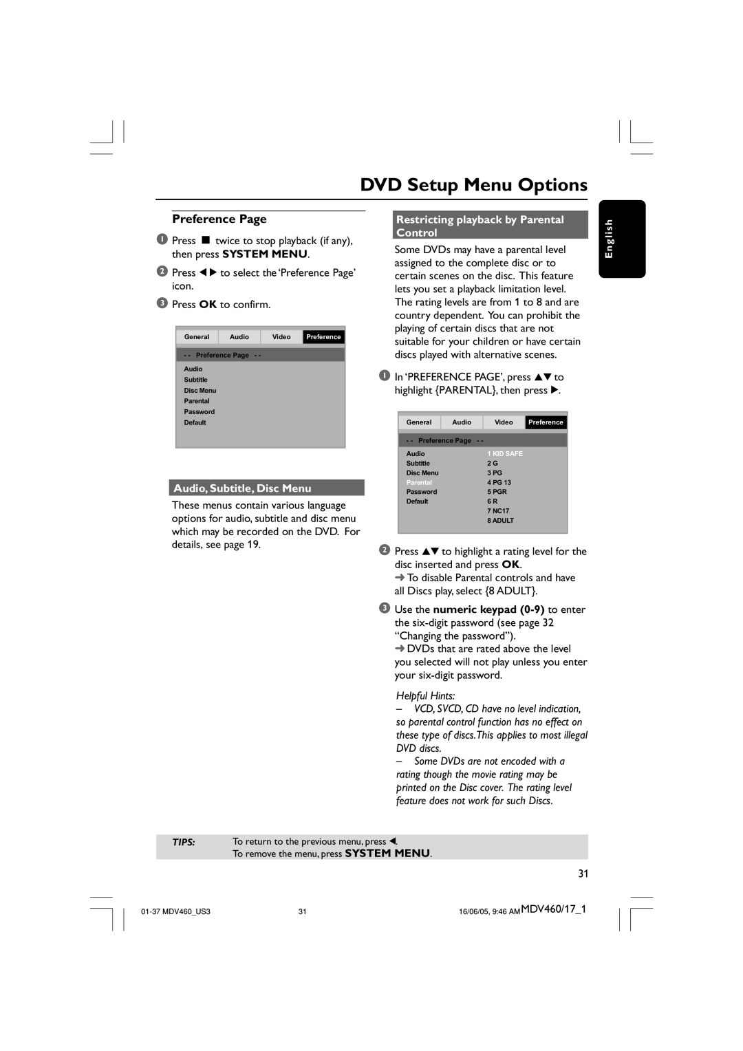 Philips MDV460 user manual Preference, Audio, Subtitle, Disc Menu, Restricting playback by Parental Control 