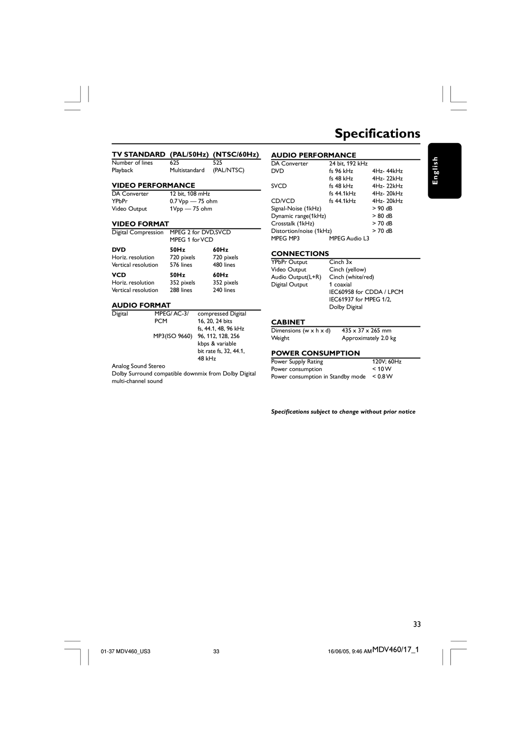 Philips MDV460 user manual Specifications, Video Format 