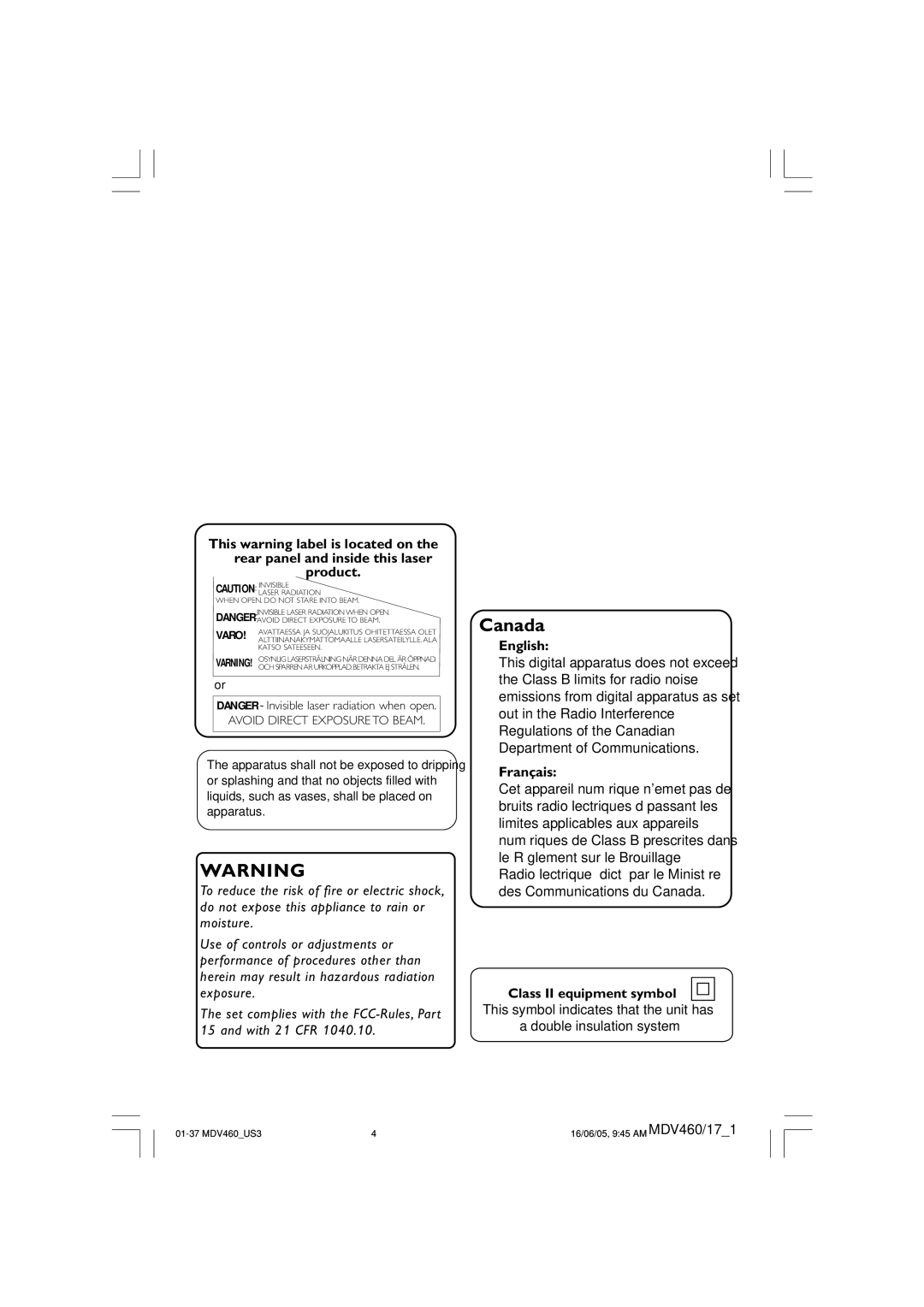 Philips MDV460 user manual English, Français, Class II equipment symbol 