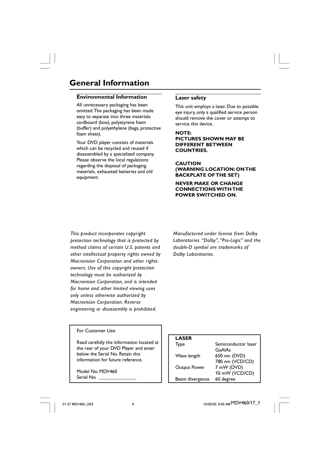 Philips MDV460 user manual General Information, Environmental Information, Laser safety 