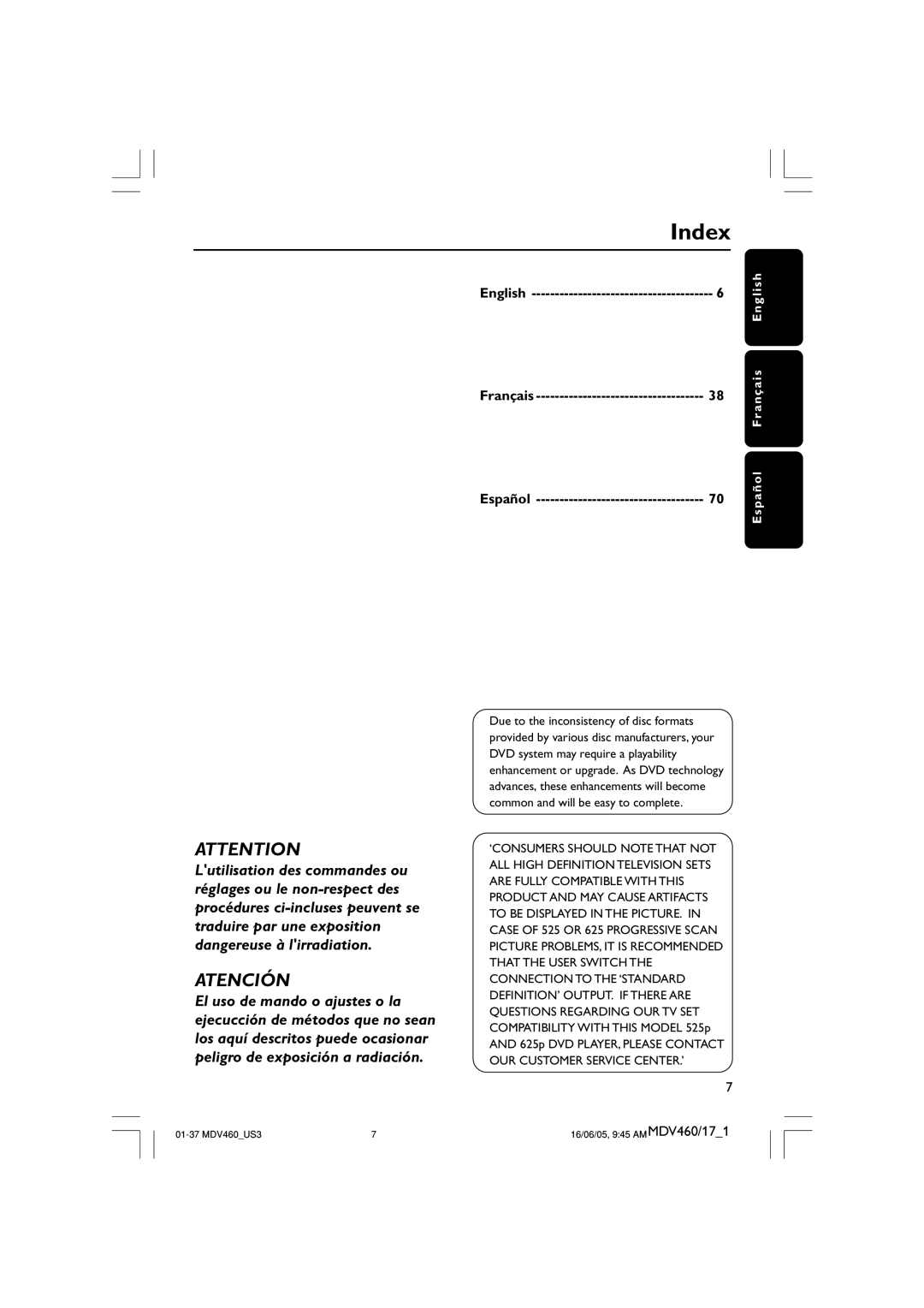 Philips MDV460 user manual Index, Español 