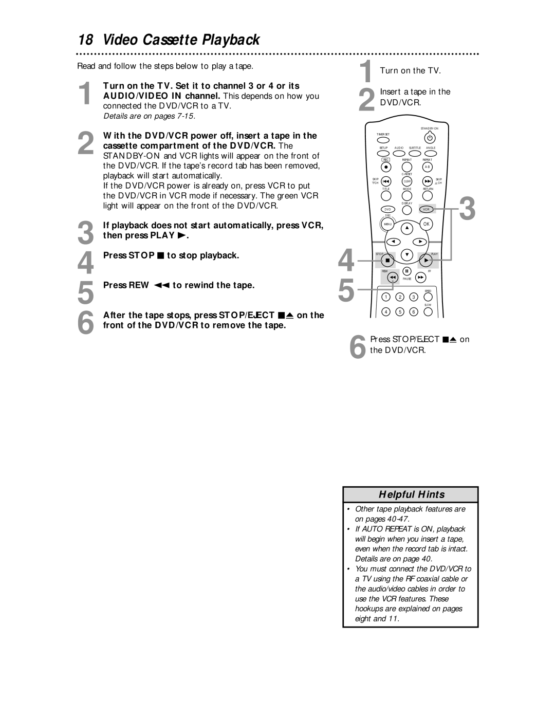 Philips MDV530VR owner manual Video Cassette Playback, Details are on pages, Other tape playback features are on pages 