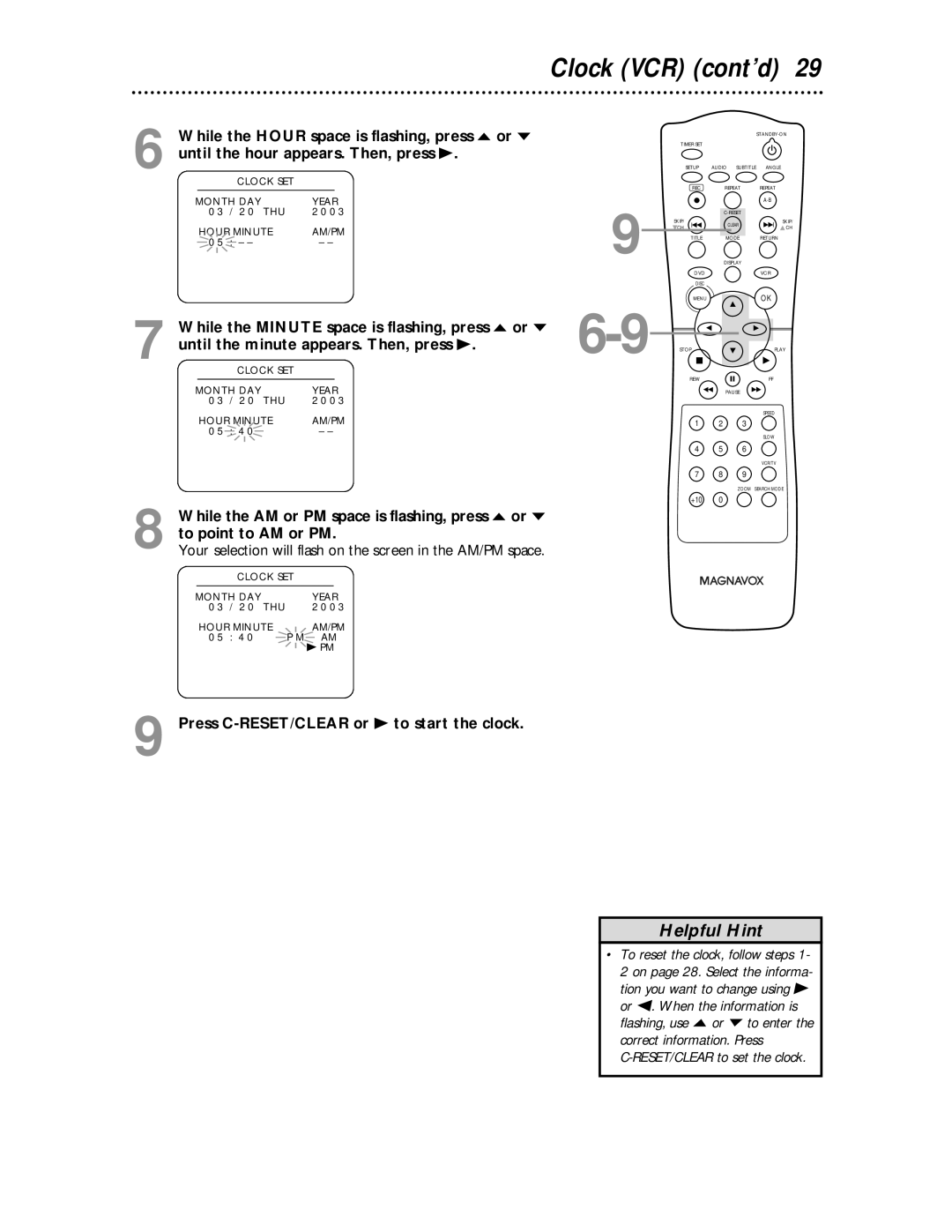 Philips MDV530VR owner manual Clock VCR cont’d 