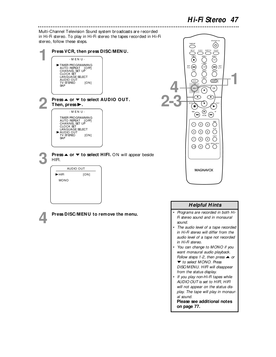 Philips MDV530VR owner manual Hi-Fi Stereo, Press o or p to select Audio OUT Then, press B, Please see additional notes on 