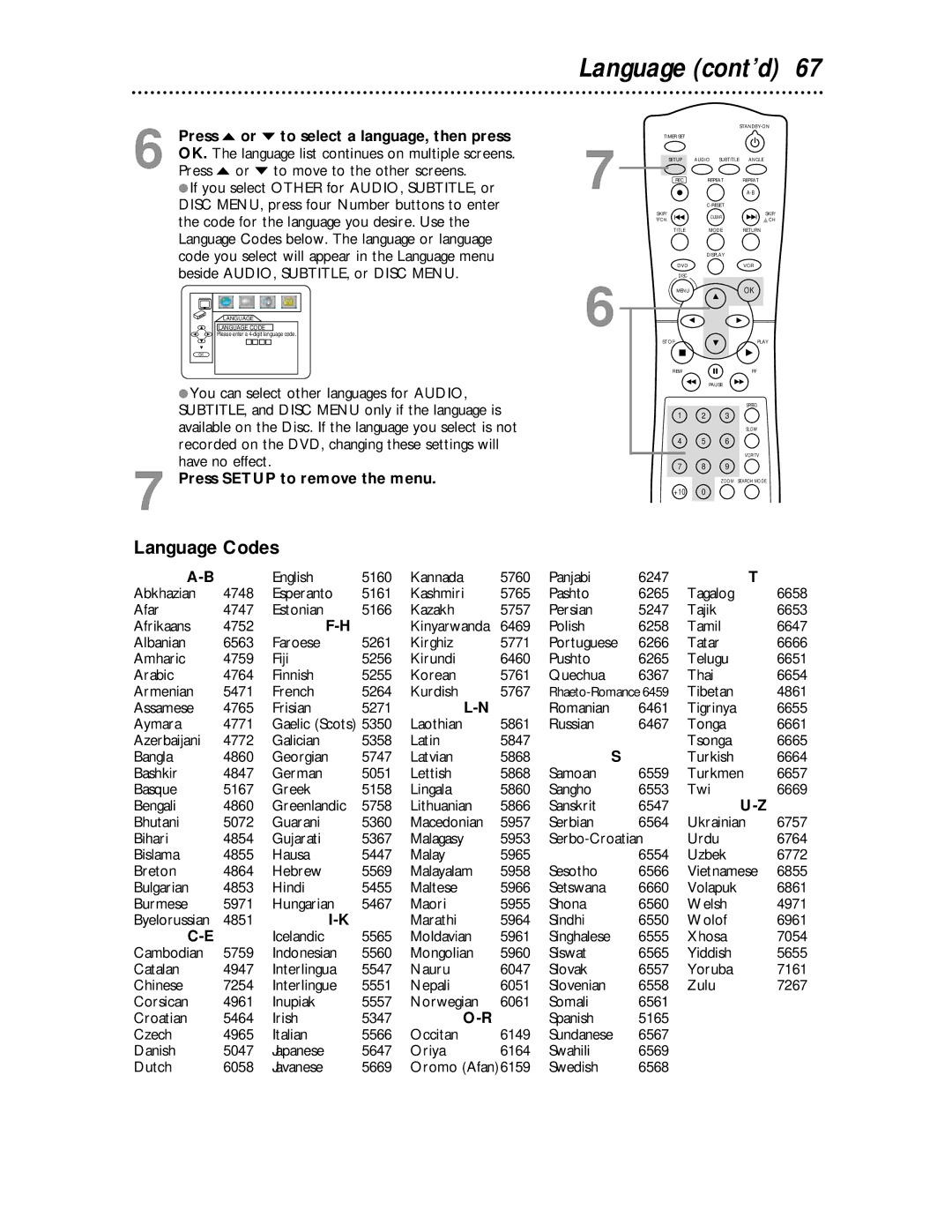 Philips MDV530VR owner manual Language cont’d, Language Codes, Press o or p to select a language, then press 