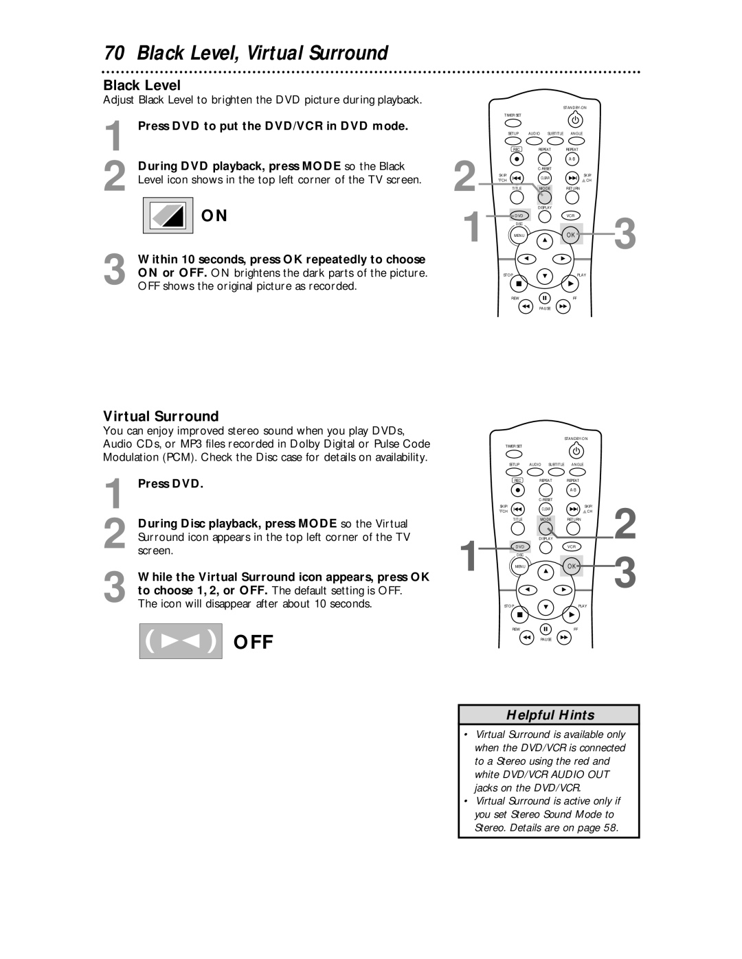 Philips MDV530VR owner manual Black Level, Virtual Surround, Press DVD to put the DVD/VCR in DVD mode 
