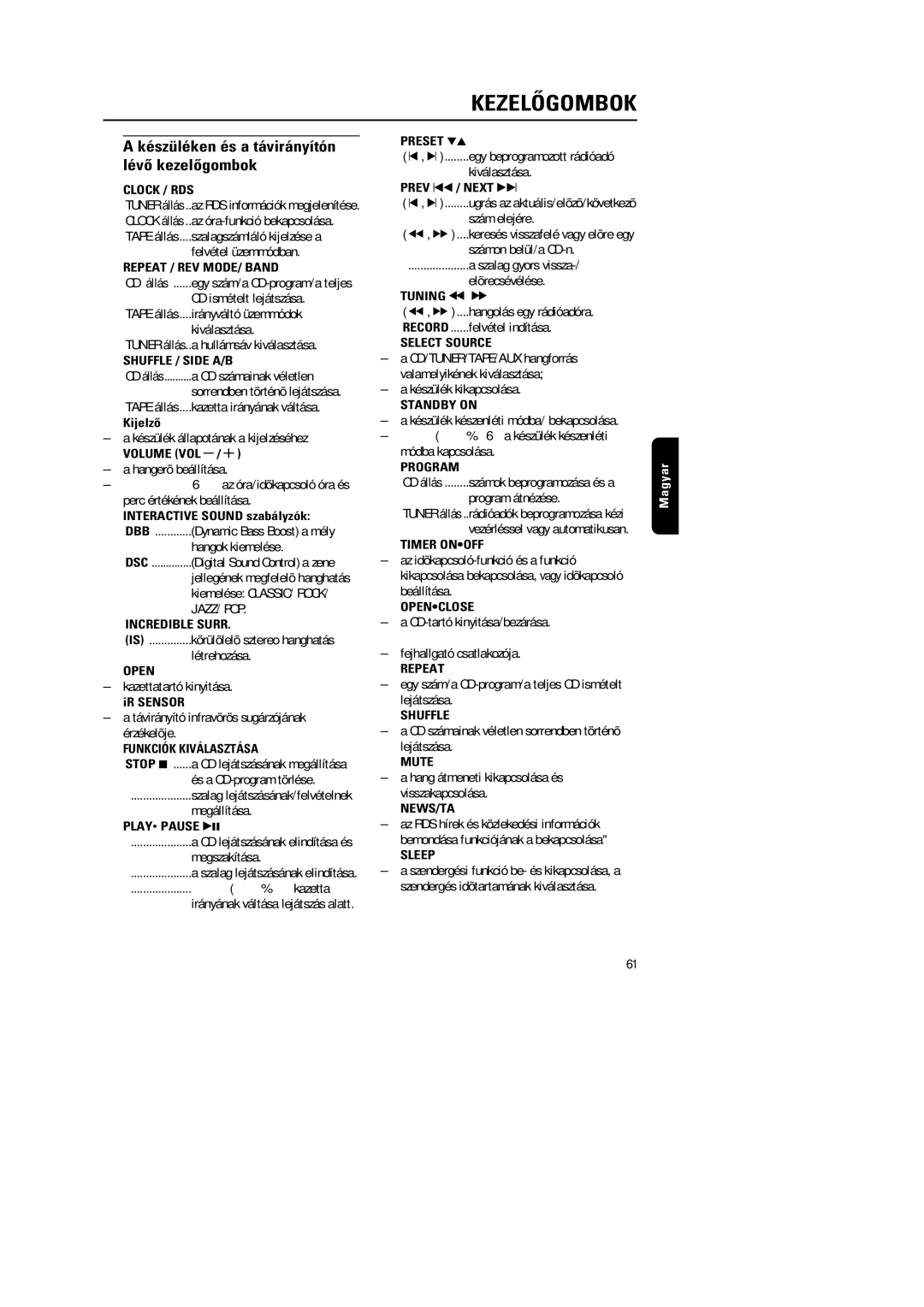 Philips MG222, MG220 manual Kezelõgombok, Készüléken és a távirányítón lévõ kezelõgombok 