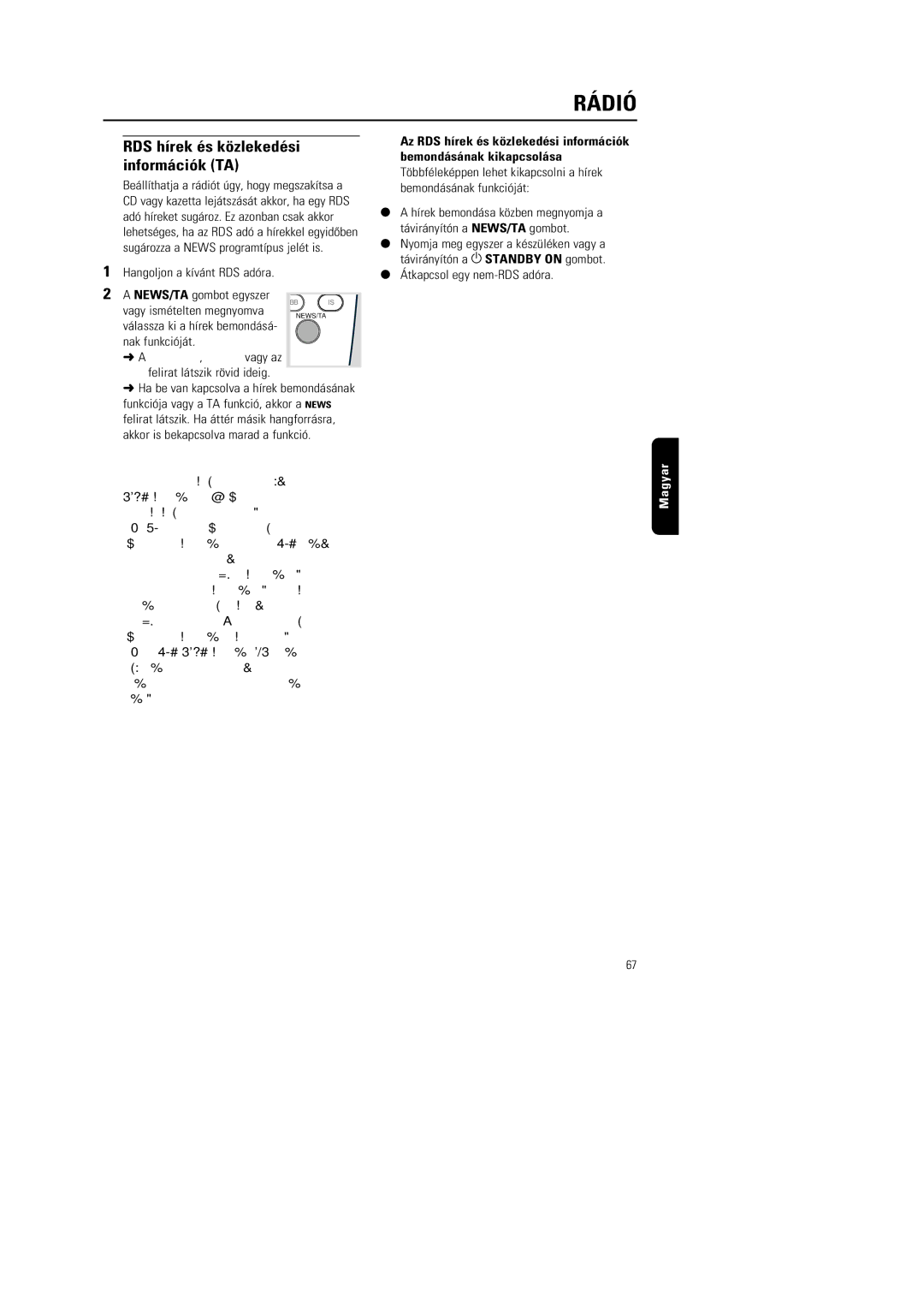 Philips MG222, MG220 manual RDS hírek és közlekedési információk TA, Megjegyzések 