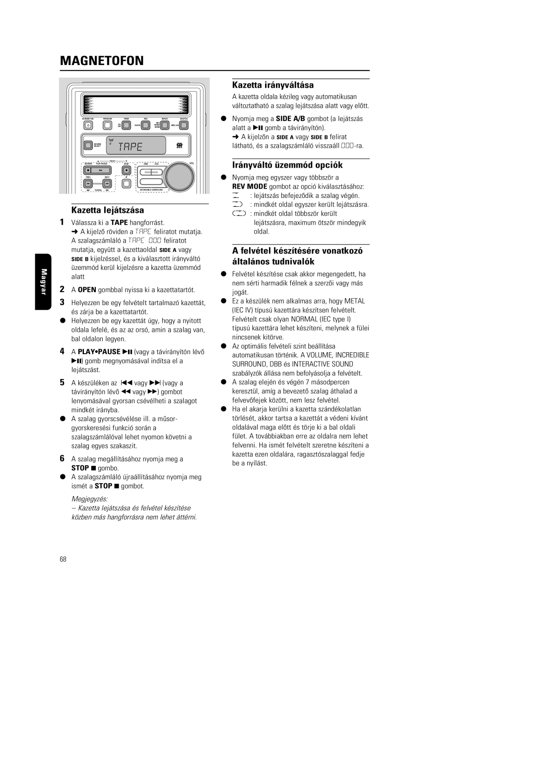 Philips MG220, MG222 manual Magnetofon, Kazetta lejátszása, Kazetta irányváltása, Irányváltó üzemmód opciók 