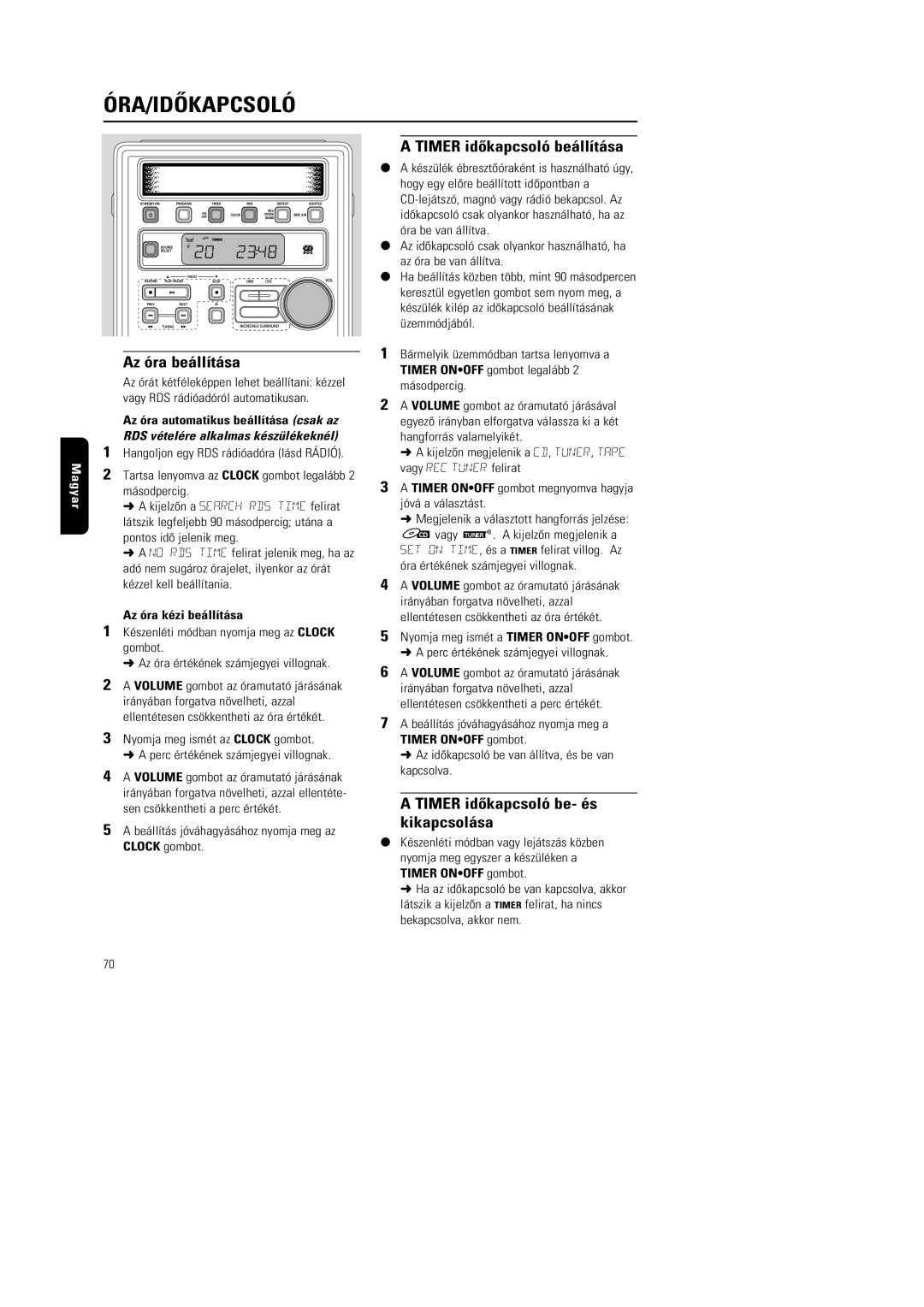 Philips MG220, MG222 Óra/Idõkapcsoló, Timer idõkapcsoló beállítása, Timer idõkapcsoló be- és kikapcsolása, Másodpercig 