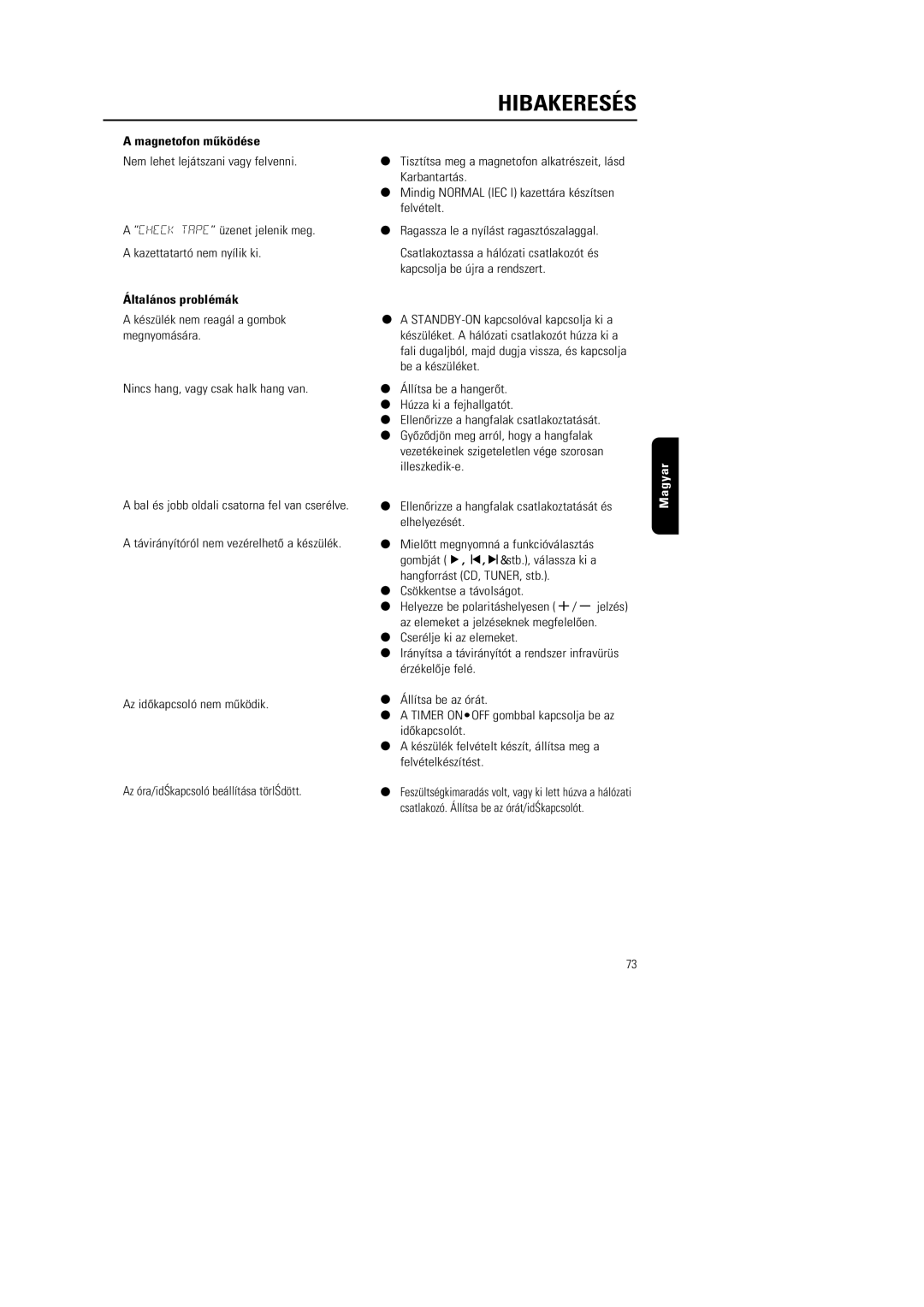 Philips MG222, MG220 manual Magnetofon mûködése, Általános problémák 