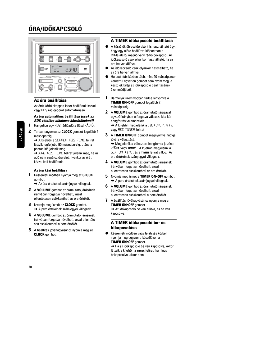 Philips MG220, MG222 manual Óra/Idõkapcsoló, A TIMER idõkapcsoló beállítása, A TIMER idõkapcsoló be- és kikapcsolása, Magyar 