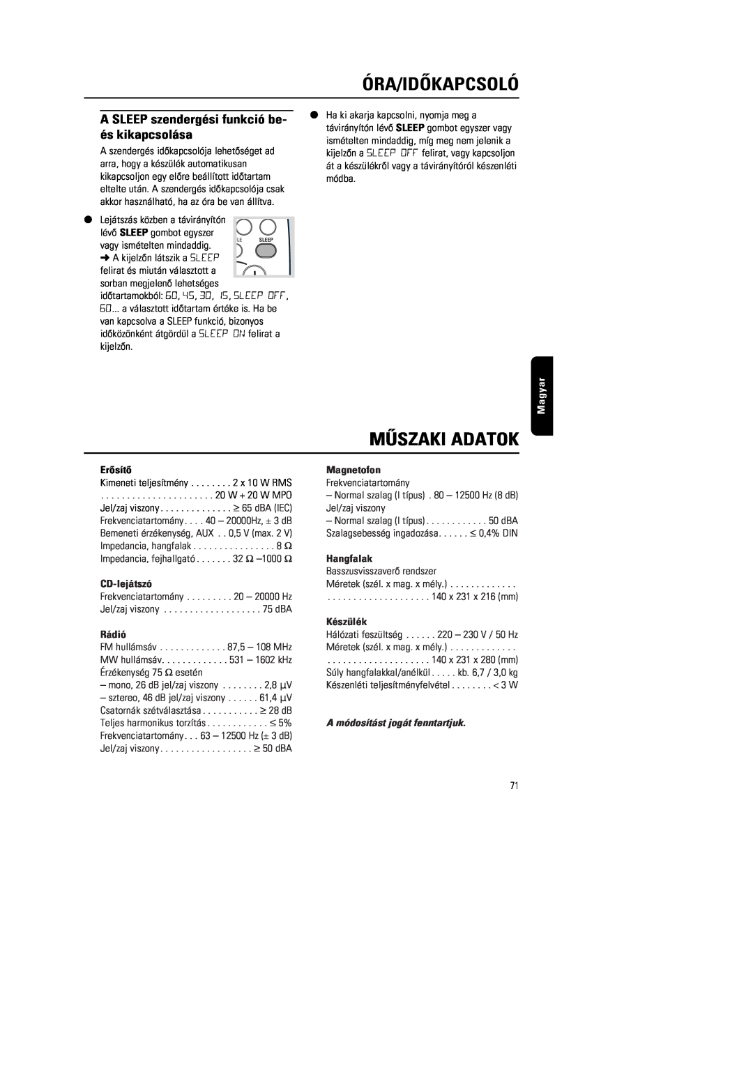 Philips MG222 Mûszaki Adatok, A SLEEP szendergési funkció be- és kikapcsolása, A módosítást jogát fenntartjuk, Magyar 