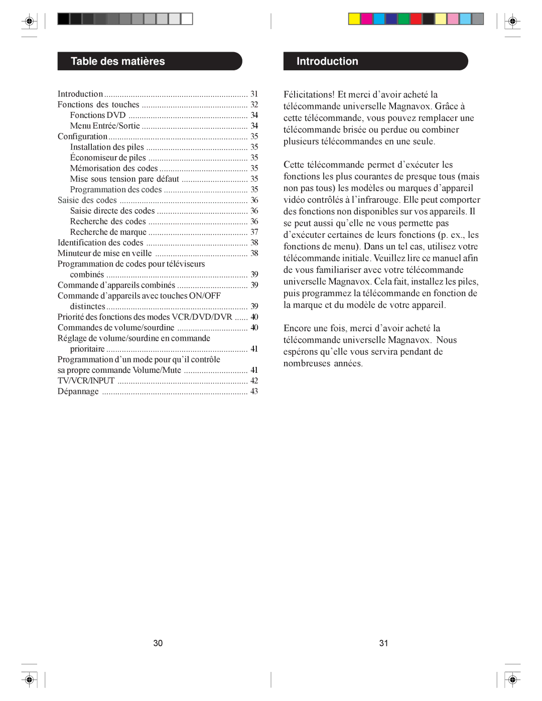 Philips MG5005, MG301S, MG53S manual Table des matières, Programmation des codes Saisie des codes 