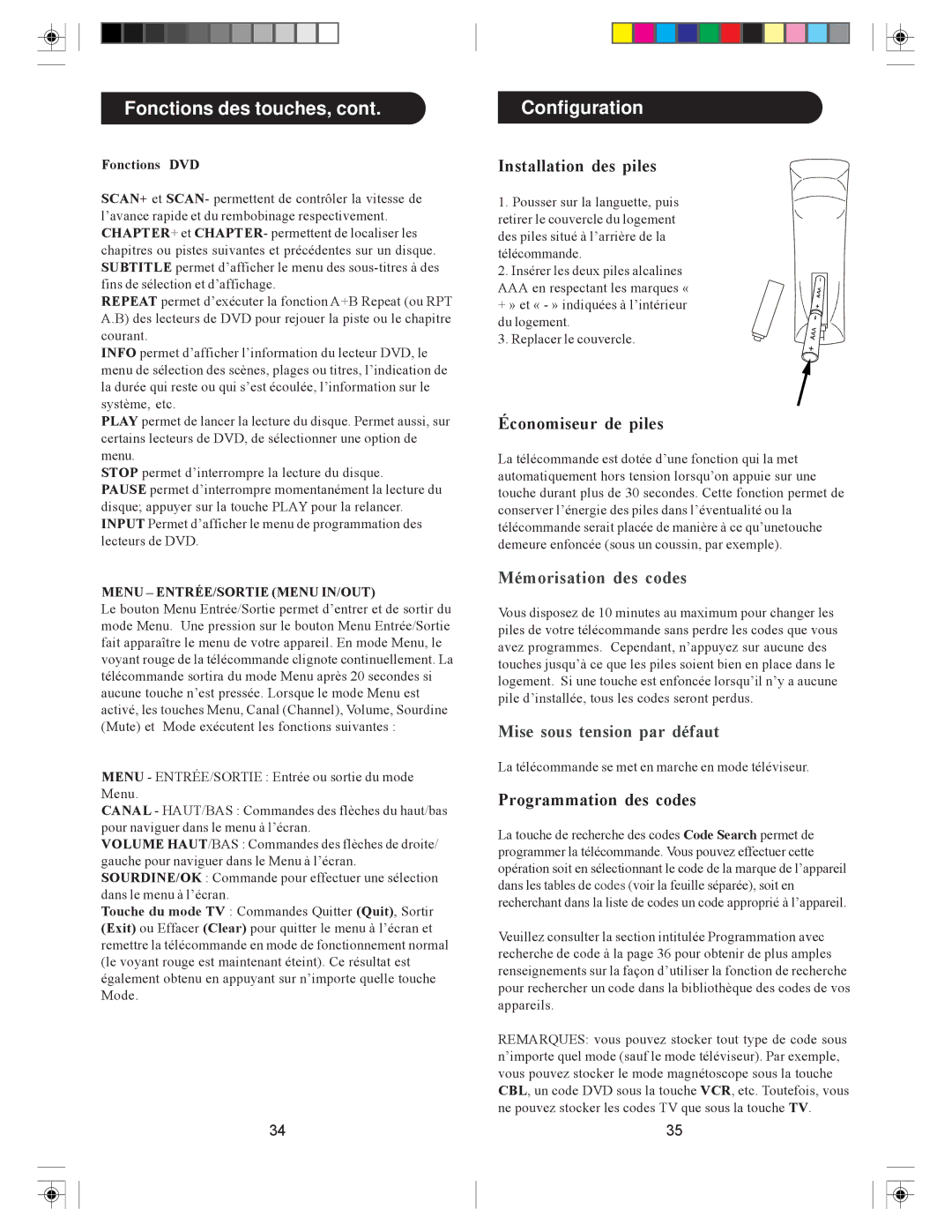 Philips MG301S, MG5005 Configuration, Installation des piles, Économiseur de piles, Programmation des codes, Fonctions DVD 