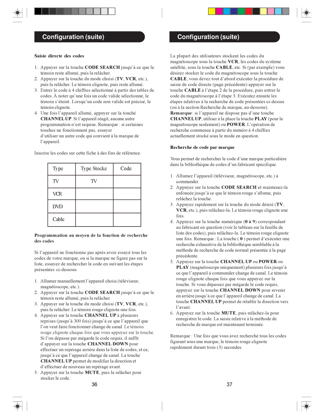 Philips MG5005, MG301S, MG53S manual Configuration suite, Programmation au moyen de la fonction de recherche des codes 