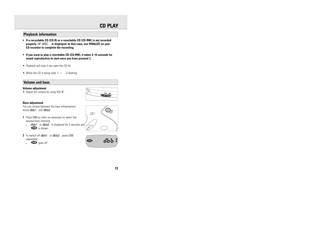 Philips MG9218 manual Playback information, Volume and bass, CD recorder to complete the recording, Volume adjustment 