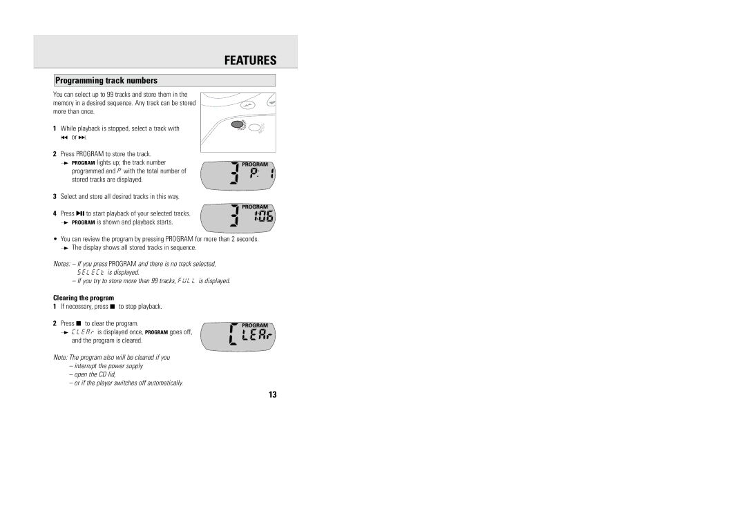 Philips MG9218 manual Programming track numbers, Clearing the program 