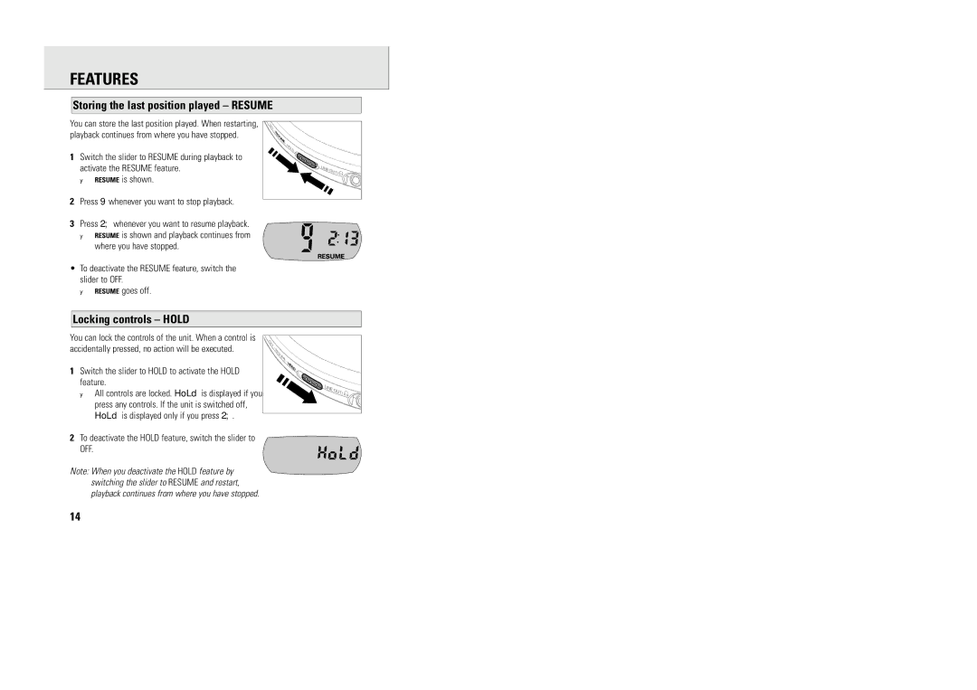 Philips MG9218 manual Storing the last position played Resume, Locking controls Hold 