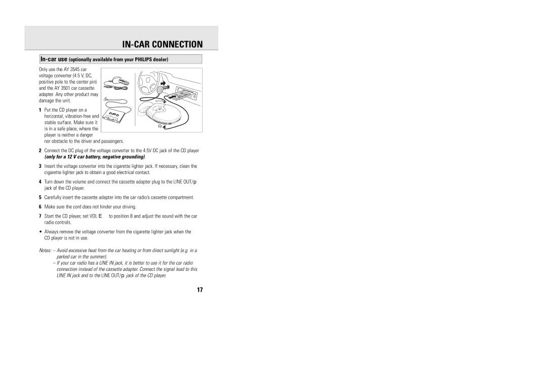 Philips MG9218 manual IN-CAR Connection, In-car use optionally available from your Philips dealer 