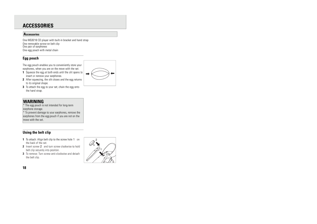 Philips MG9218 manual Accessories, Egg pouch, Using the belt clip 