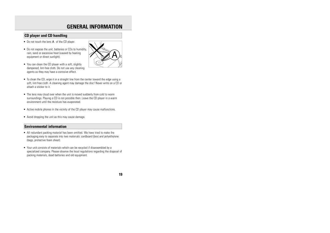 Philips MG9218 manual CD player and CD handling, Environmental information 