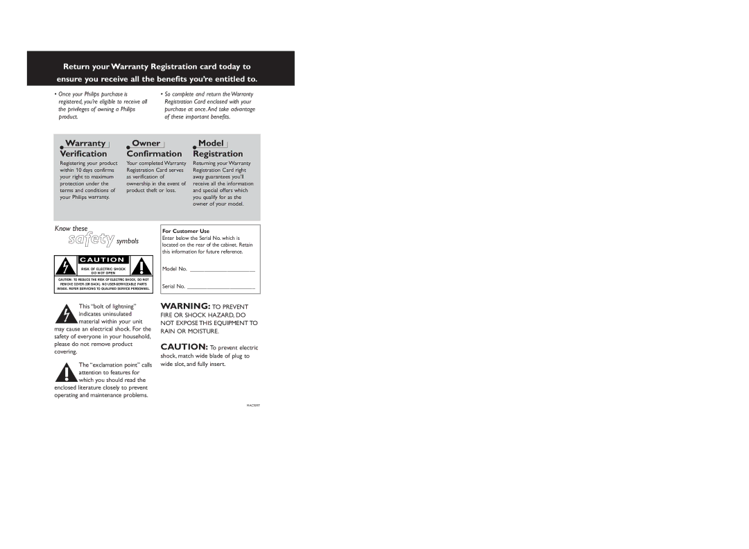 Philips MG9218 manual Ssaaffeettyy symbols, Owner Model Confirmation Registration 
