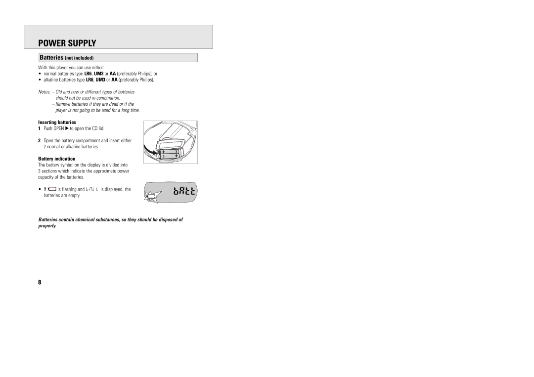 Philips MG9218 manual Power Supply, Batteries not included, Inserting batteries, Battery indication 