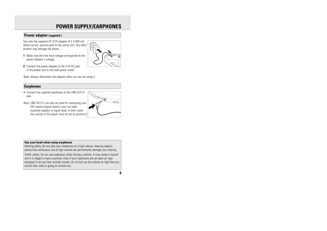 Philips MG9218 manual Power SUPPLY/EARPHONES, Power adapter supplied, Earphones, Use your head when using earphones 