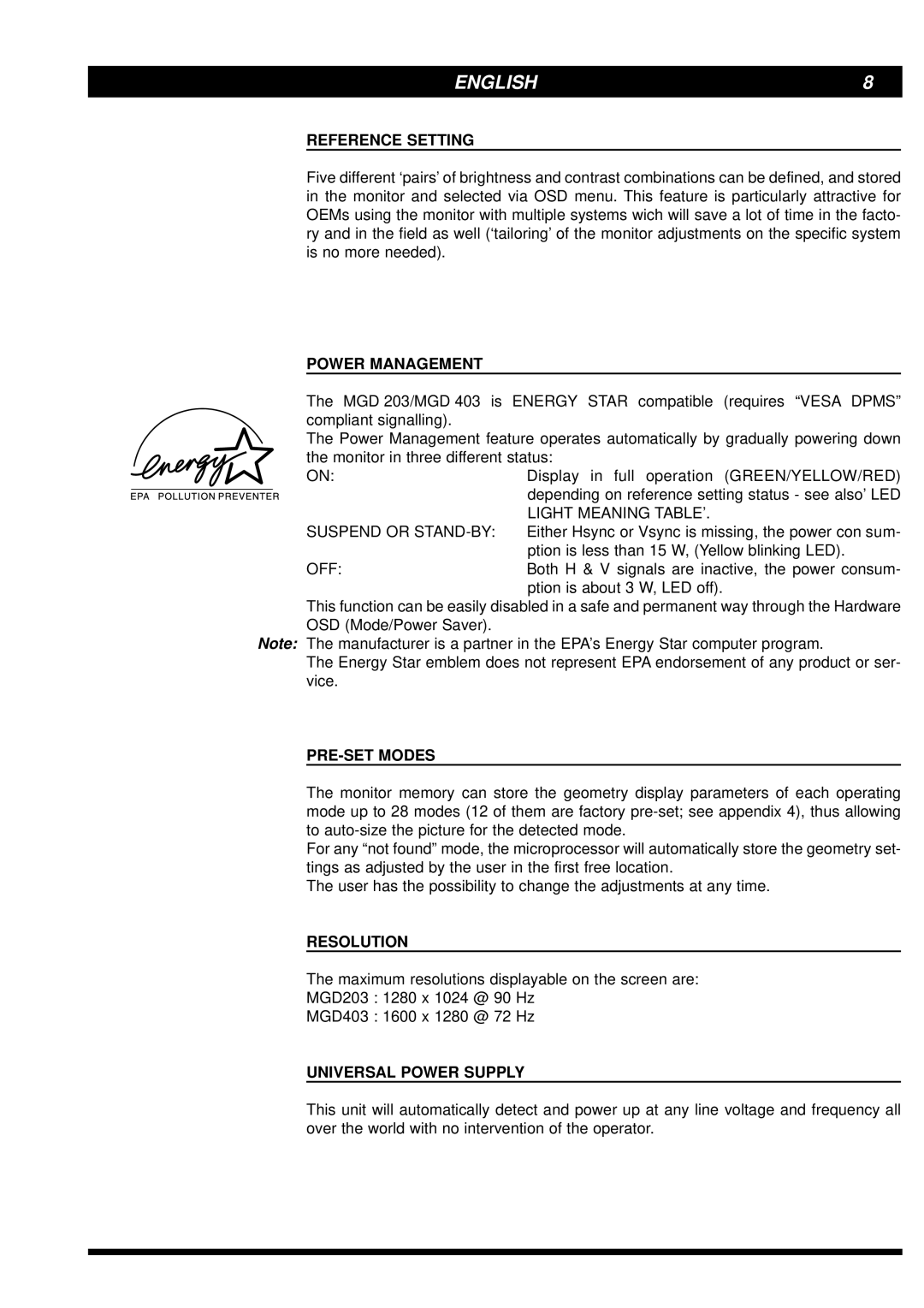 Philips MGD403, MGD203 user manual Reference Setting, Power Management, PRE-SET Modes, Resolution, Universal Power Supply 