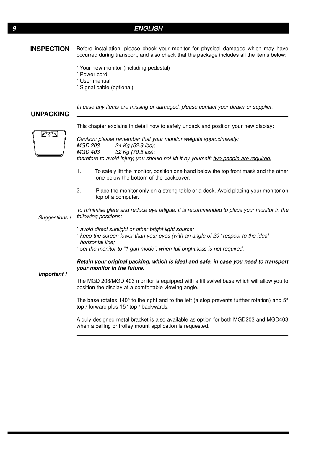 Philips MGD203, MGD403 user manual Inspection, Unpacking 