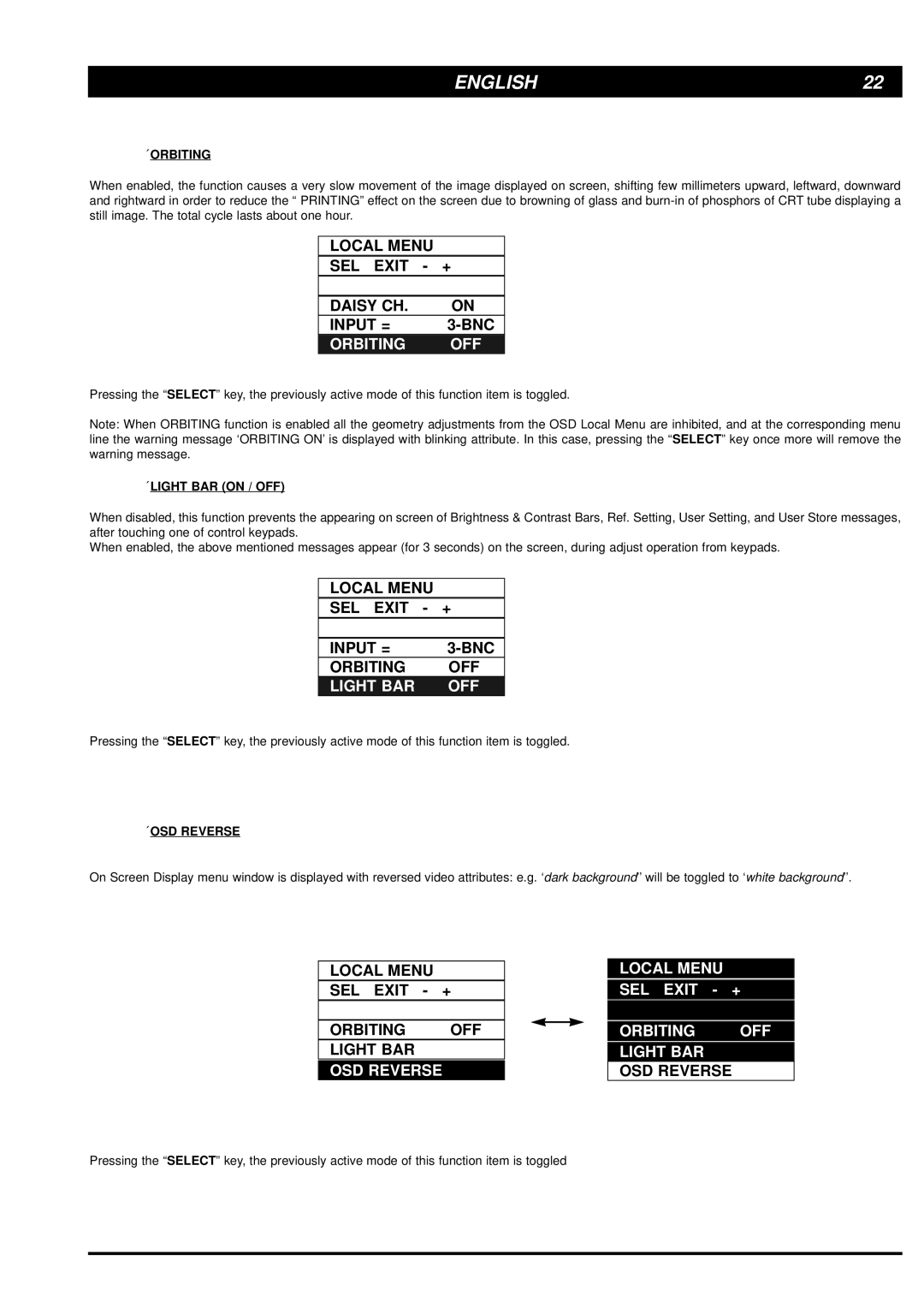 Philips MGD403, MGD203 user manual Light BAR OFF, OSD Reverse Local Menu SEL Exit + Orbiting OFF Light BAR 