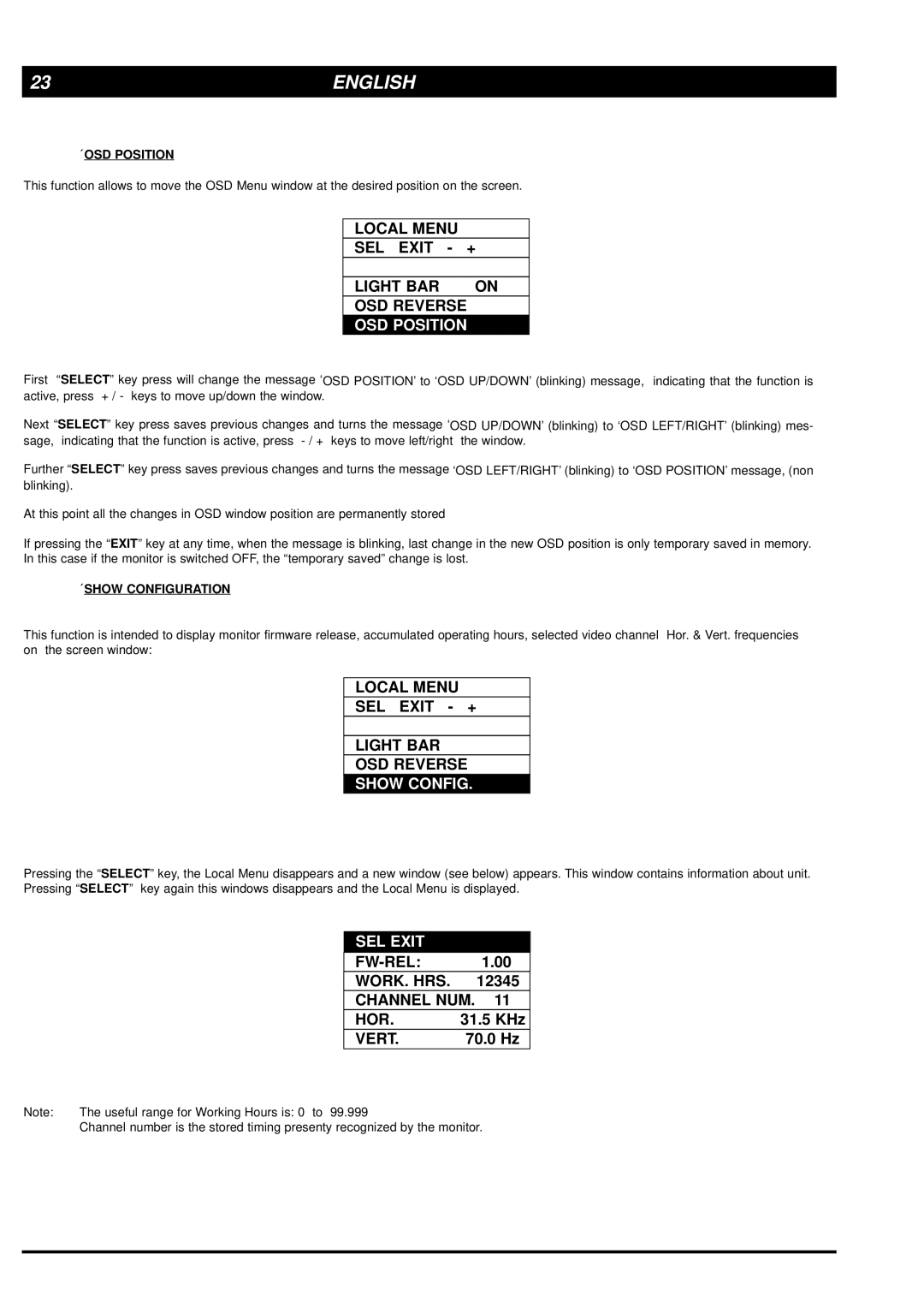 Philips MGD203, MGD403 user manual OSD Position, Show Config, SEL Exit 