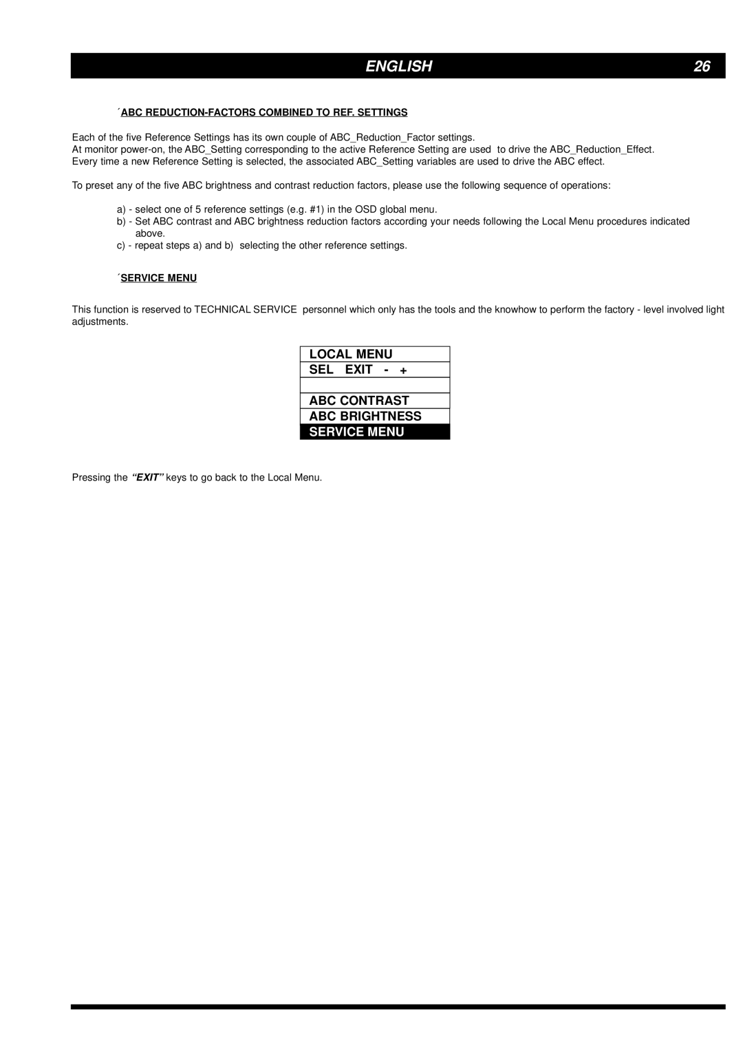 Philips MGD403, MGD203 user manual Local Menu SEL Exit + ABC Contrast ABC Brightness, Service Menu, ´SERVICE Menu 